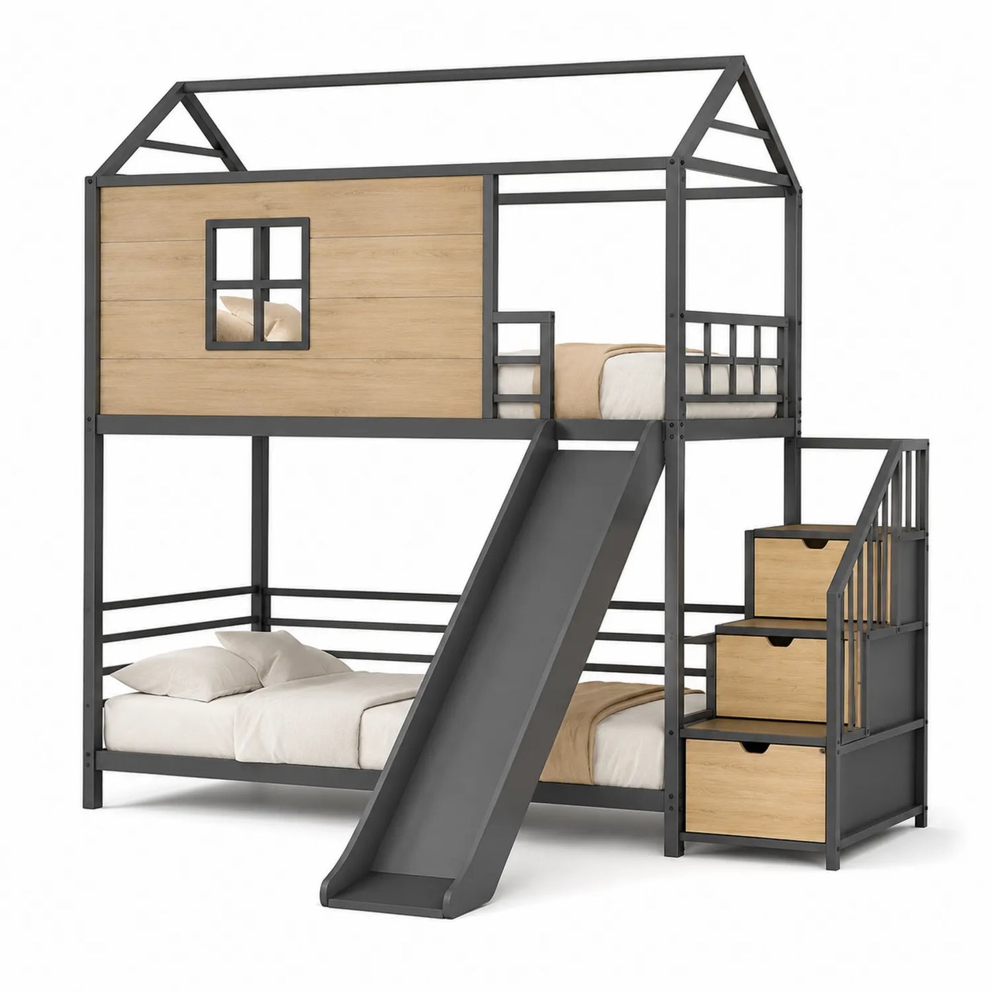 Metall-Holz Etagenbett mit Rutsche und Stauraum Grau/Natur