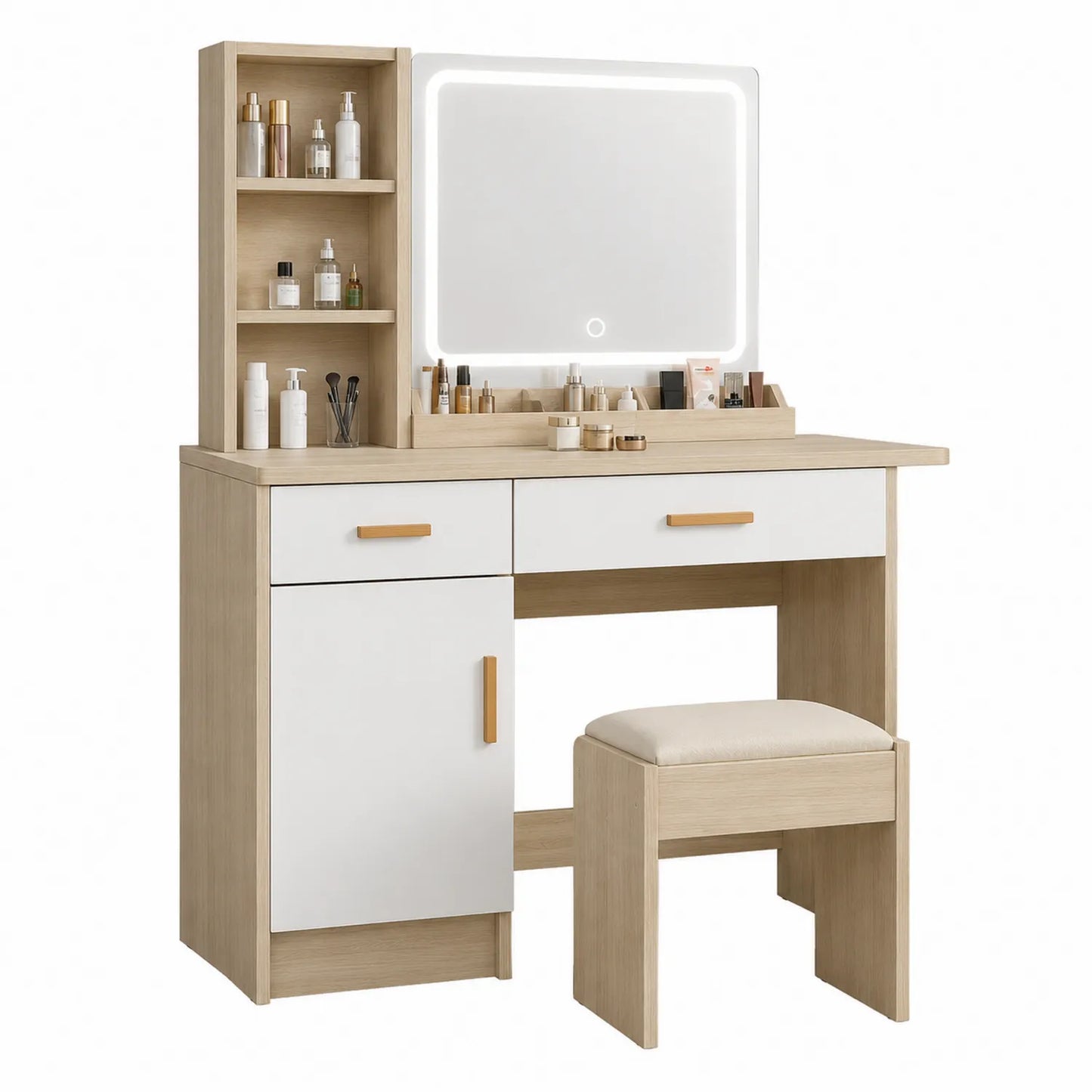 Frisiertisch-Set aus Holz und MDF mit Spiegel und Beleuchtung in Eiche/Weiß