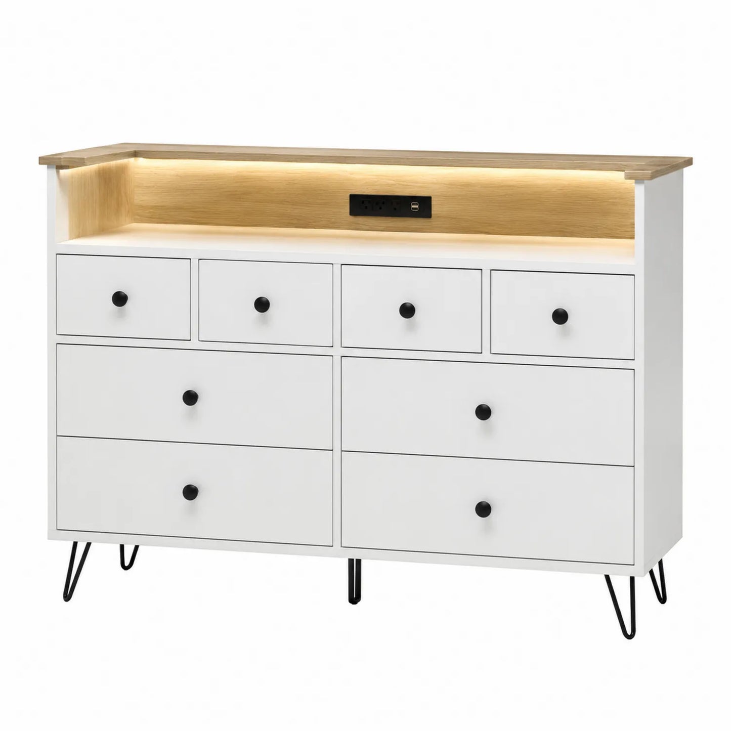 Weiße Kommode mit 7 Schubladen aus MDF und Eiche