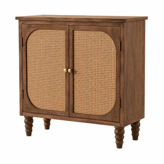 Kommode aus Holz mit Rattan-Türen Braun 80x35x90cm