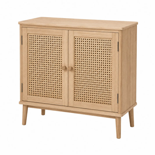 Sideboard Eiche Holz Rattan Türen 80x35x75 cm