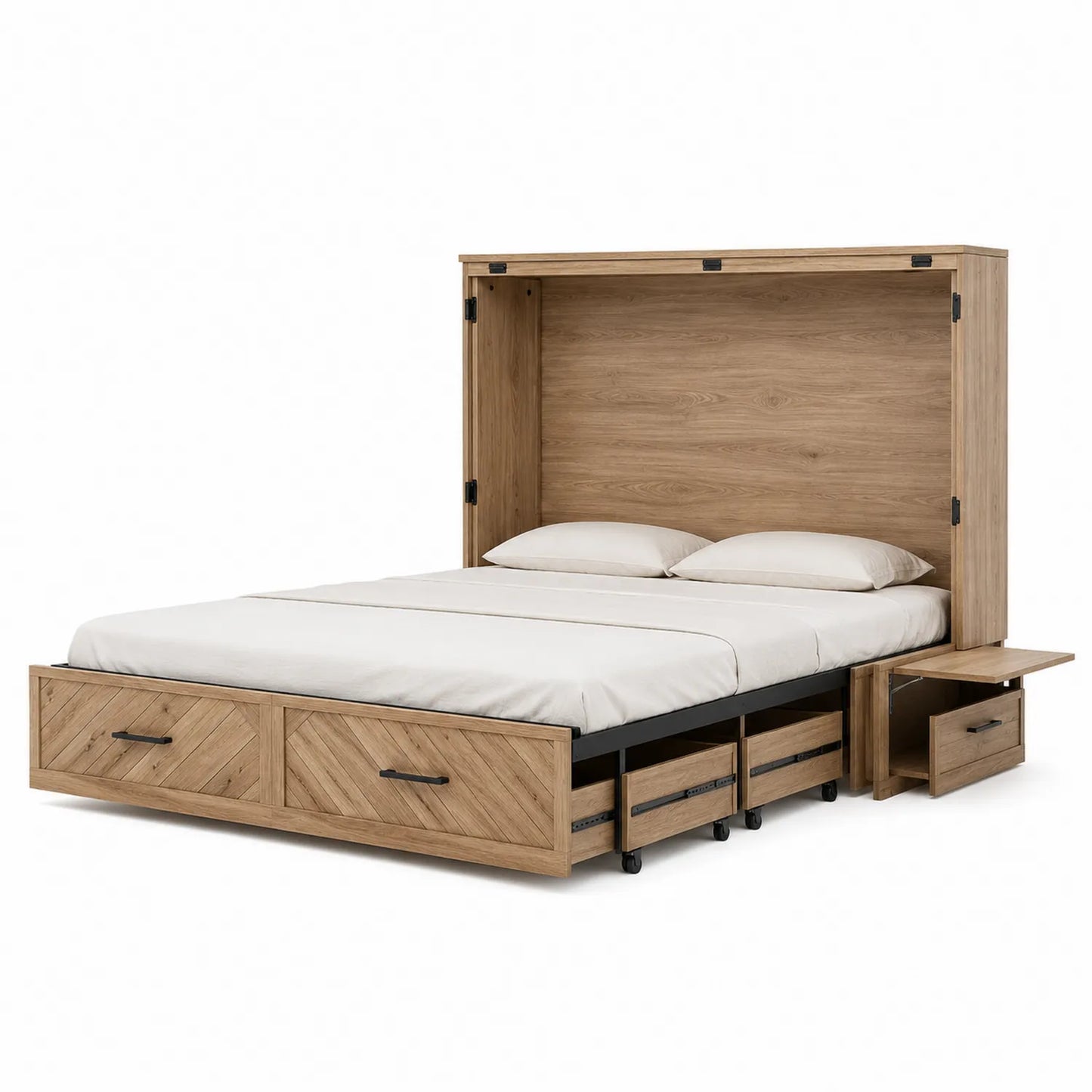 Holzbett mit integrierten Stauraum und Klappmechanismus