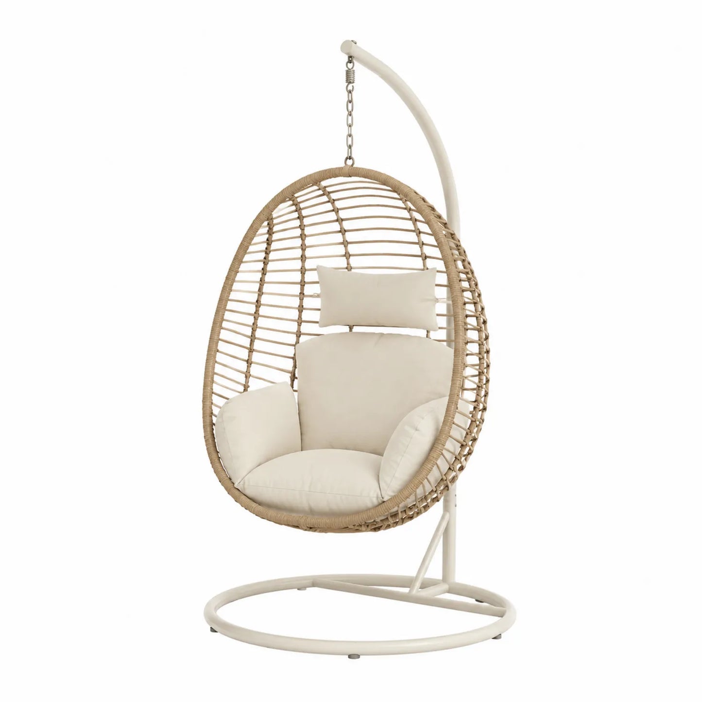 Hängesessel Rattan Beige mit Kissen, Stahlgestell