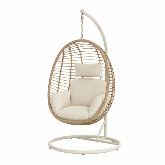Hängesessel Rattan Beige mit Kissen, Stahlgestell